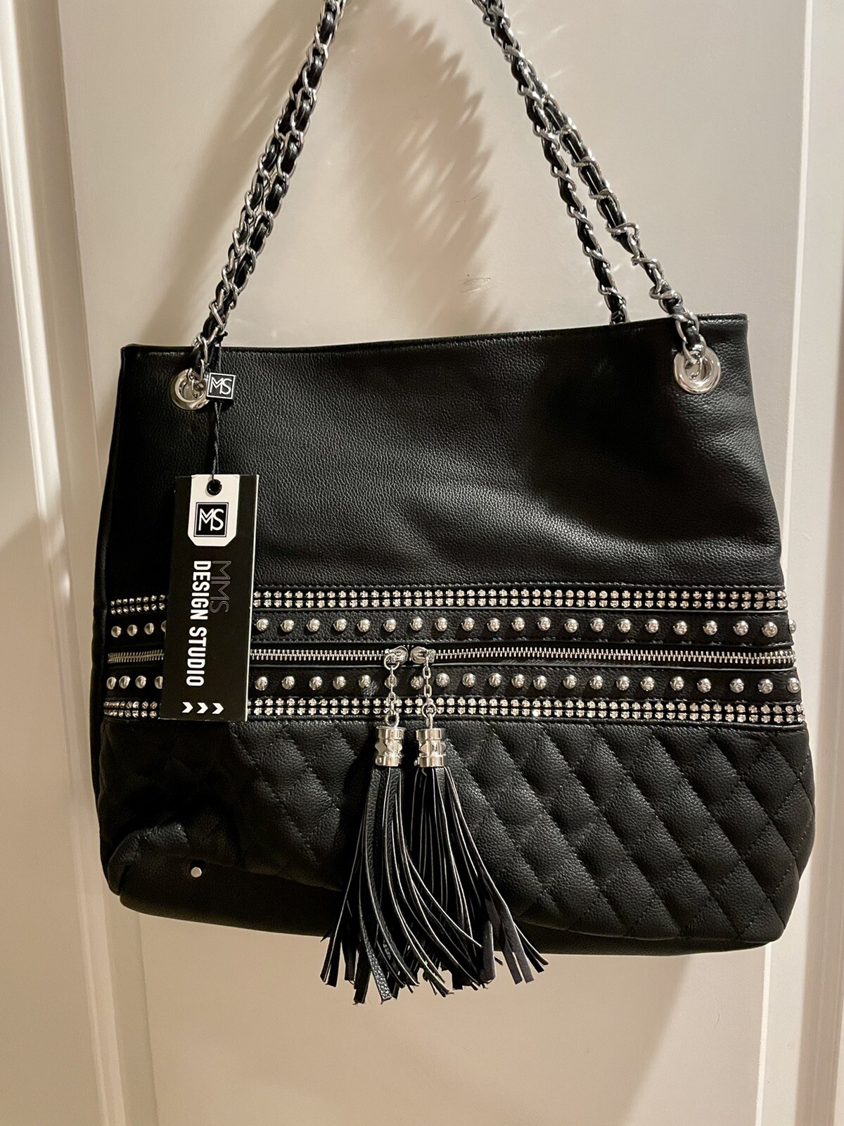 Black Large Handbag with Silver Chain Rhinestones & Studs-image