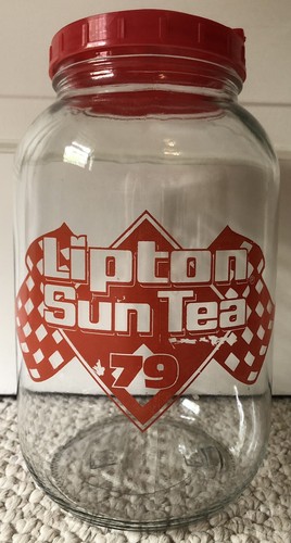 Vintage Lipton Sun Tea 79 Glass Jug Jar Nascar Racing Flags Red Dispensing Lid