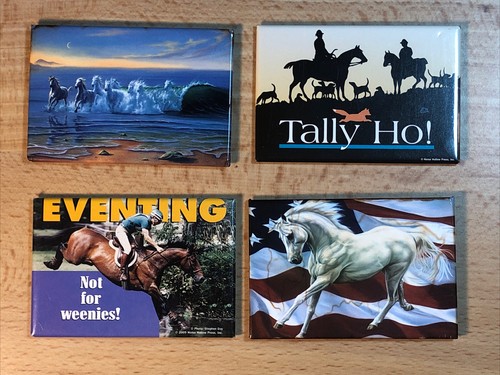 4 Galloping Jumping Horse Rider Dog Hunting Magnets Tally Ho by Jim Warren 3” L