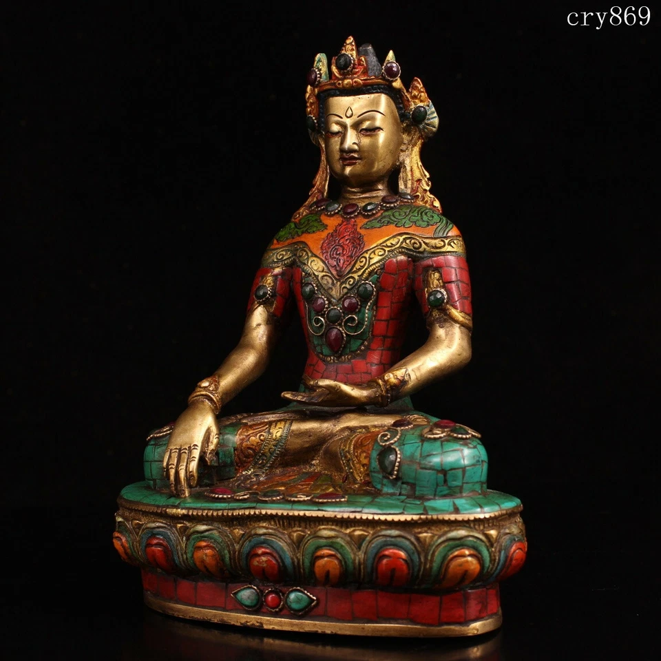 coleção Templo Tibete Jokhang antigo incrustado com pedras preciosas estátua Sakyamuni - Imagem 2 de 4