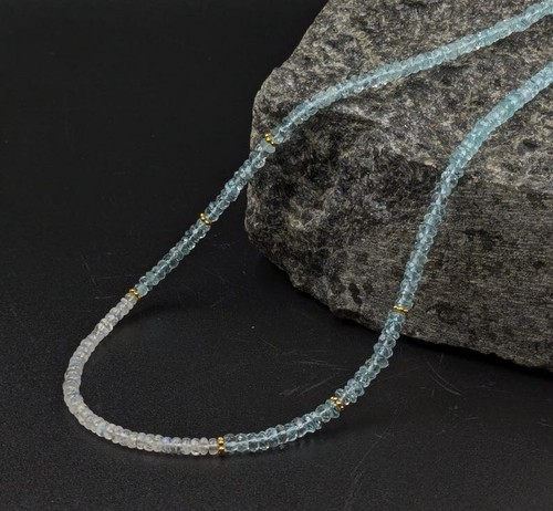 AAA+ Blue Aquamarine & Moonstone Faceted Rondelle Gemstone Beaded Necklaces 18'' - Picture 14 of 15
