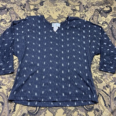 Vtg 90s Knit Link Patterned Long Sleeve Black Blouse Top Womens Size L