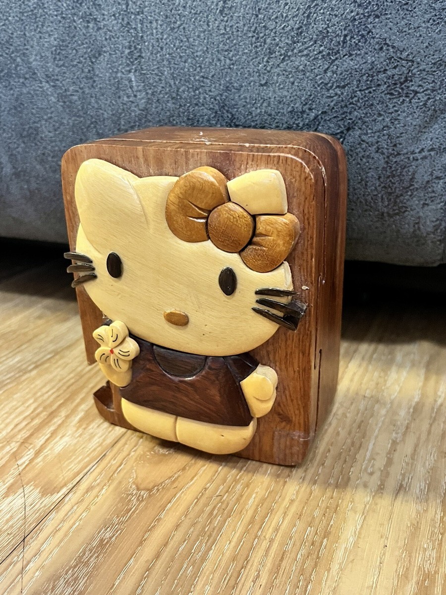 Rare Hand Carved Hello Kitty Wooden Puzzle Jewelry Trinket Box