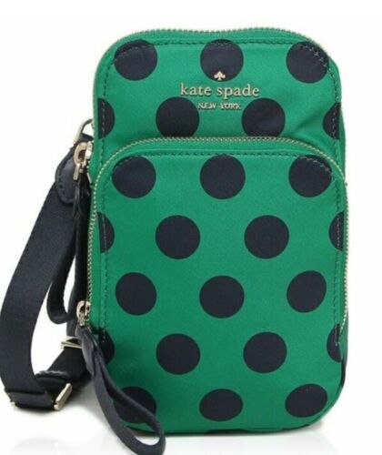 Kate Spade Green Navy Dots North South Nylon Cellphone Crossbody - Picture 1 of 10