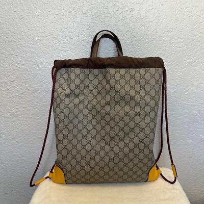 Vintage Gucci GG Canvas Brown Leather Drawstring Backpack Bag Italy Vintage 80s–90s Gucci Black GG Canvas & Brown Leather  main image 2