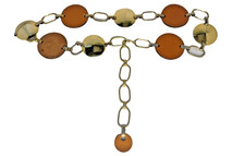 Vintage Belt M 30-36" Gold-tone  Leather Chain Link Discs Adjustable Length