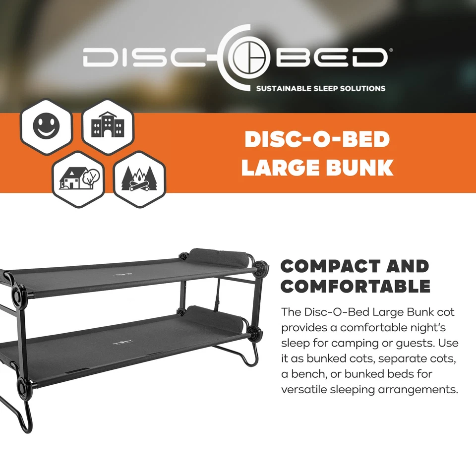 Disc-O-Bed 大号户外可调式 2 人便携式野营垃圾婴儿床,黑色 — 第 2/4 张图片