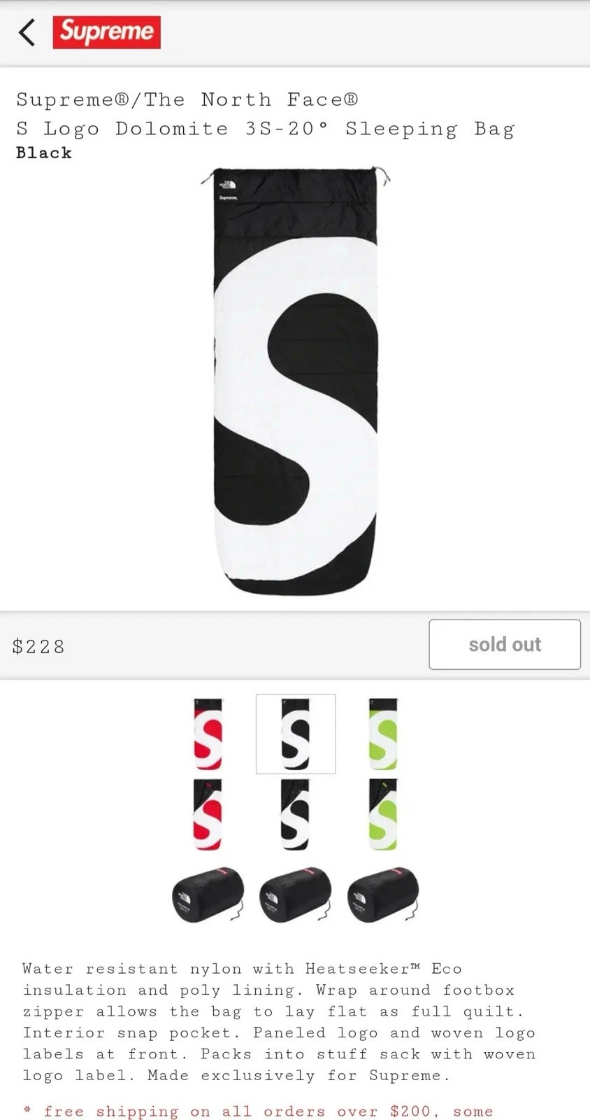 Supreme The North Face S Logo Dolomite 3S-20 Sleeping Bag Black FW20 New DS 2020