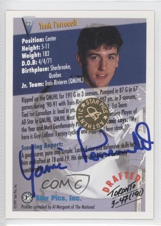 1991 Star Pics Auto Yanic Perreault #22 Auto - Image 2 of 2