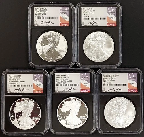 Lot of FIVE 2021 Silver Eagles all FDOI! PF 70, MS 70, PF 70 UC! NO RESERVE!
