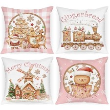 Lanpn Christmas Throw Pillow Covers 18x18 Set of 4, Gingerbread Man House Pil...