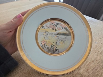 Vintage Art of Chokin Porzellan Teller vergoldet Schwan Design japanisch 24kt Goldrand