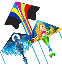 3 Pack Huge Kites Easy to Fly Large Dragon Mermaid Rainbow Beach Kite Set New