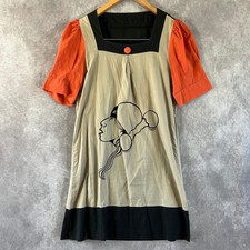 Graphic Line Art Shift Dress Womens Medium Tan Orange Colorblock Mod Retro Indie