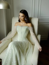 Off Shoulder Evening Dresses Strapless Long Sleeve Sequins Beaded A-Line Prom