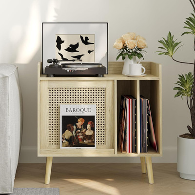 Stylish Record Player Stand with Vinyl Storage & Rattan Cabinet for Living Room
