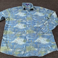 Alan Flusser Shirt Mens Large Blue Green Paisley Scroll Button Front Cotton