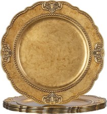 Antique Gold Charger Plates Set of 6, Round Embossed Plate Chargers