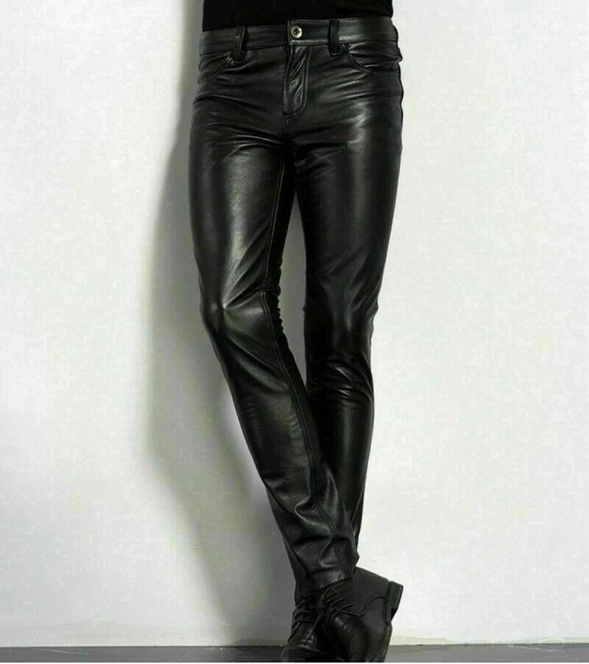 Men's Real Lambskin Leather Biker Black Pants Thigh Slim Fit Trouser sexy