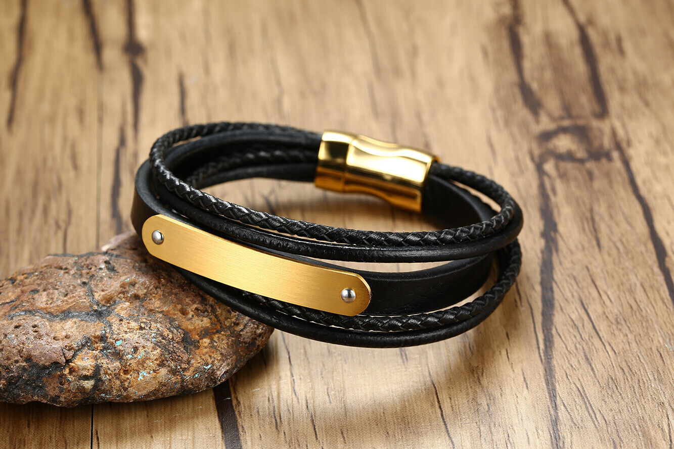 Stainless Steel Letterable Curved Leather Bracelet Fashion Trendy Men's