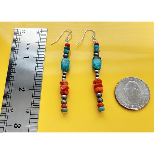 Boho Natural Turquoise, Spiny Oyster & 925 Silver Navajo Pearl Beaded Earrings - Picture 5 of 6