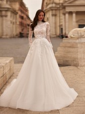 Aline Long Wedding Dress Modest High Collar Bride Robe Graceful Appliques Flower