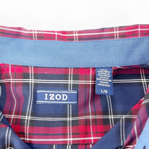 Izod Mens Plaid Button-Down Long Sleeve Shirt L/G Red Navy Cotton Blend Western - Picture 2 of 12