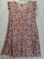 Shein Dress Women M Red & Blue V-Neck Sleeve Floral High Waist Babydoll 