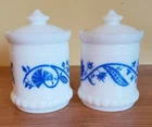 A Pair of Vintage Milk Glass Apothecary Jars Floral Blue Hazel Atlas