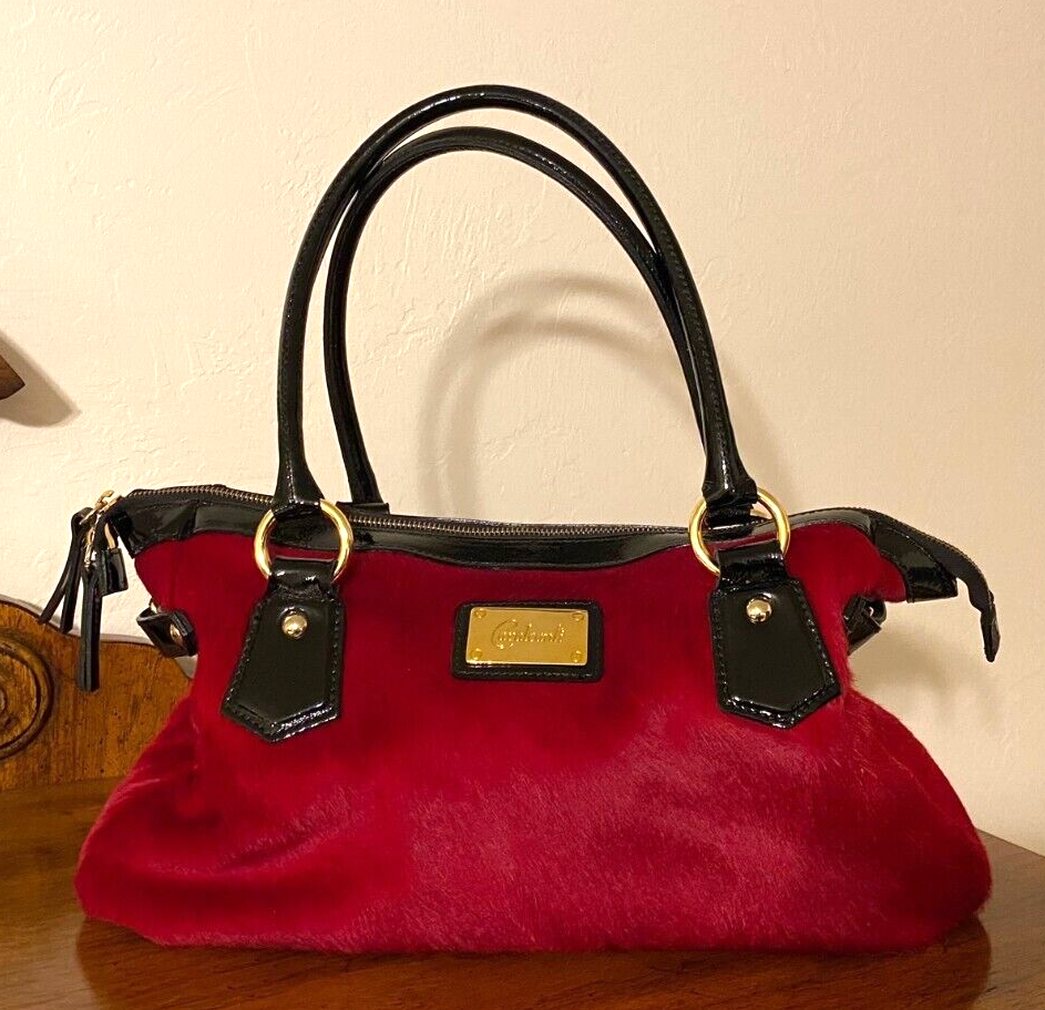 PONY Borsa Cavalcanti capelli di cavallo rossi con cerniera e tasche bordo in vernice nera Italia