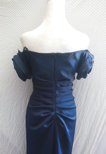 NWT XSCAPE Navy ROSETTE Off The Shoulder RUCHED Scuba EVENING Dress GOWN 8 - Picture 10 of 13
