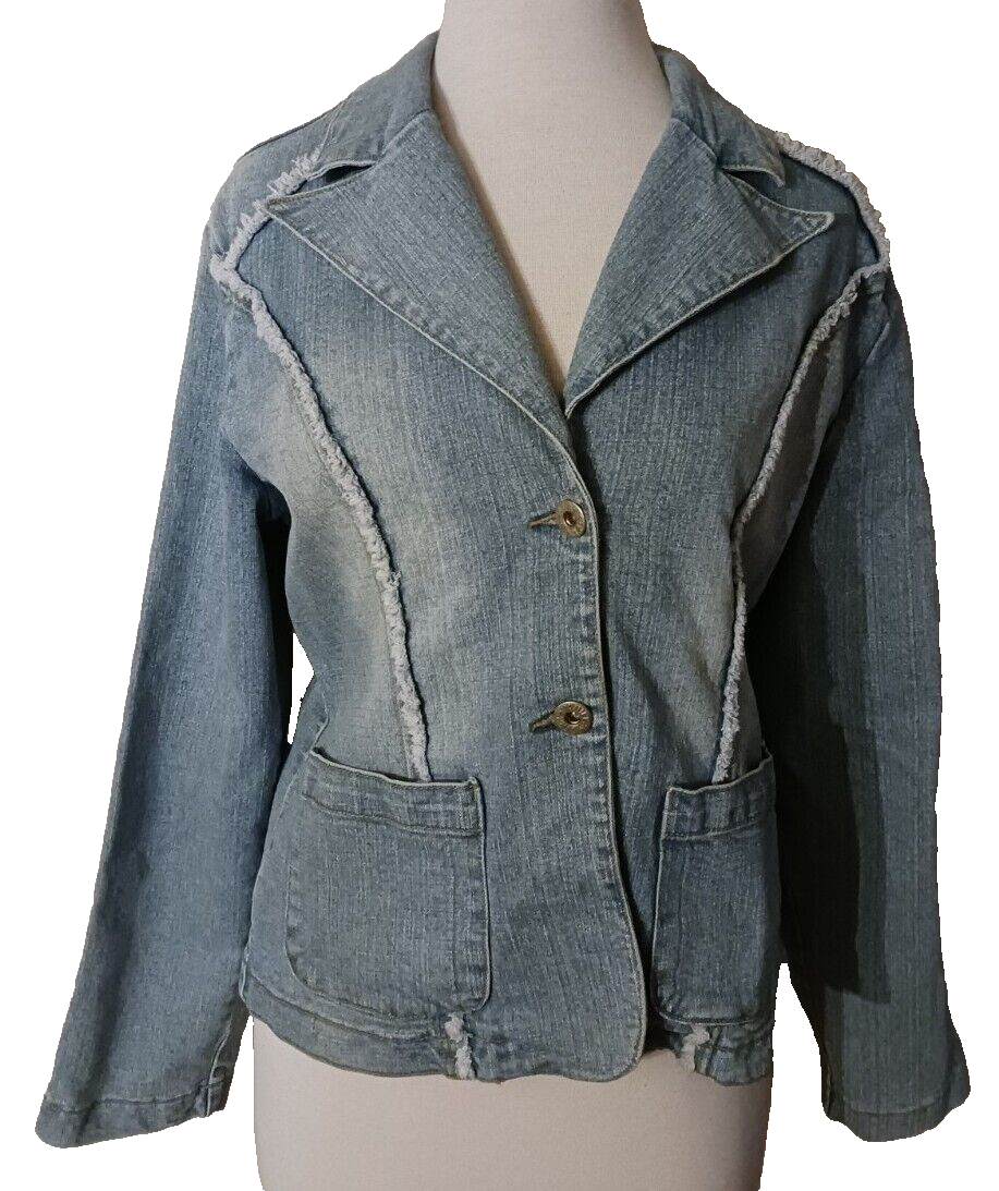 バニラ Womens Sz L Denim Jacket Vanilla Jeans Faded Distressed Fitted