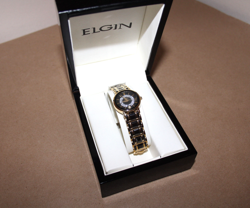 Elgin Womens EG353 Gold-Tone Black Ceramic Crystal Accented Watch w/Box New Bat. - Picture 4 of 24