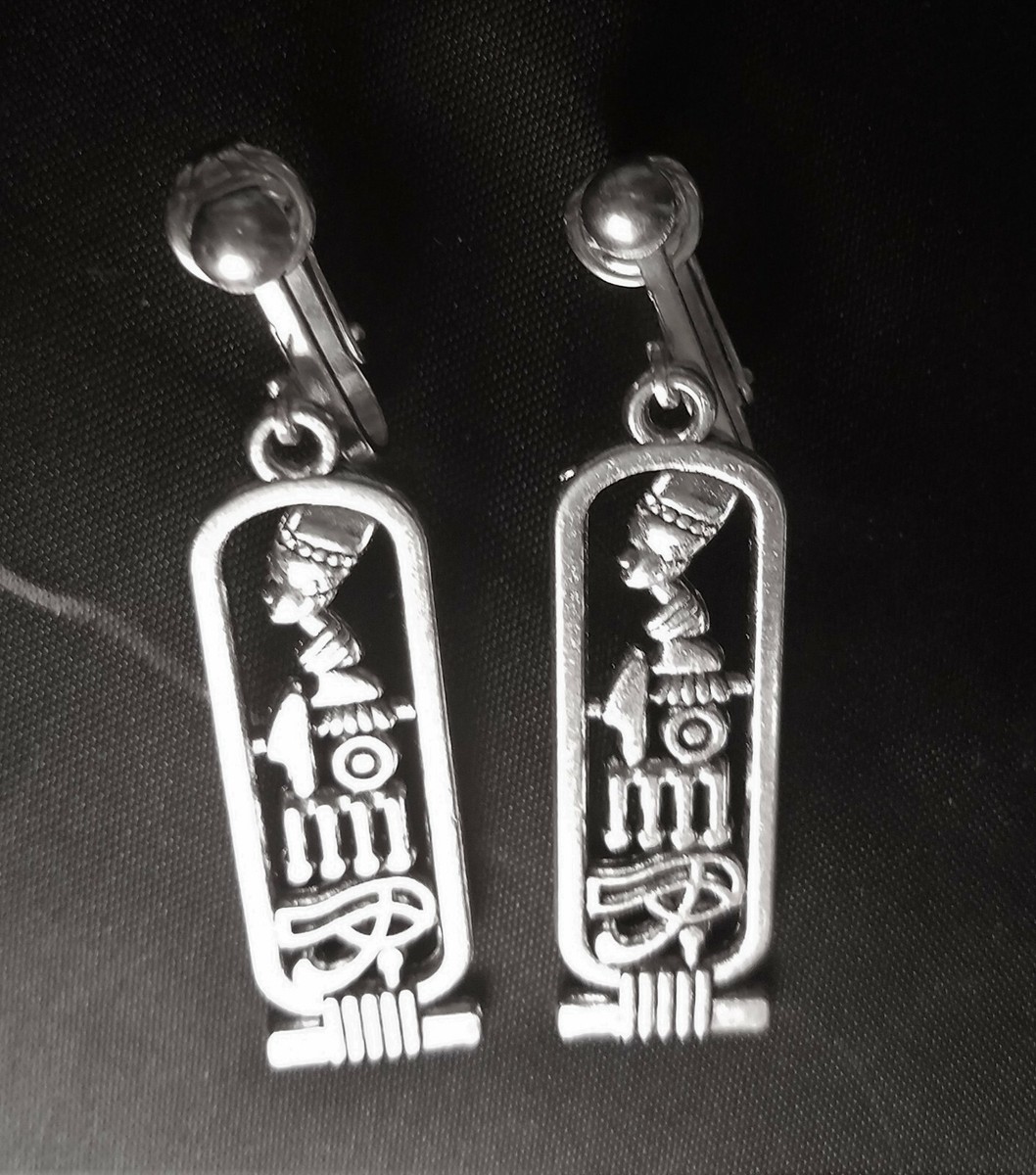 Cartouche Silverplated Clip On Dangle Earrings, Nefertiti Horus Ma