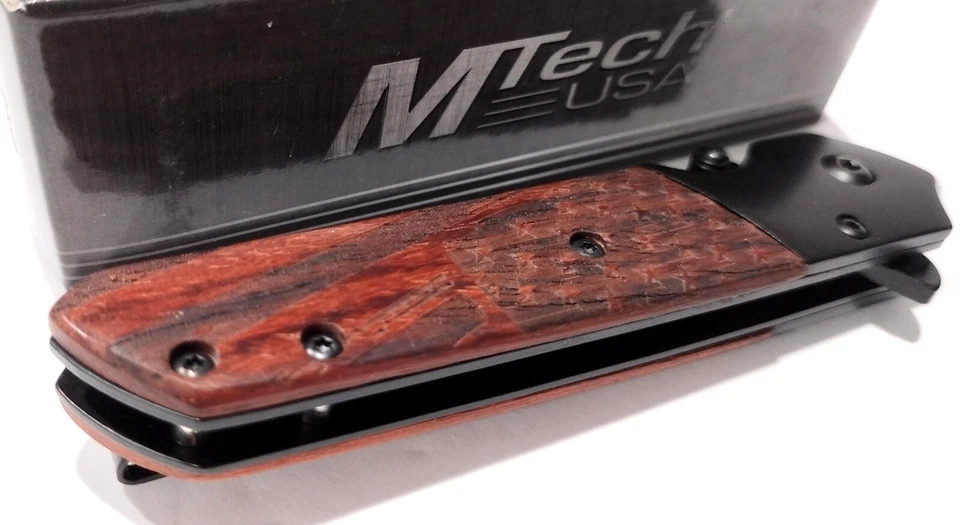M-Tech Brown Wood Black Blade Spring Open Assisted Tactical Folding Pocket Knife - Image 2 of 3
