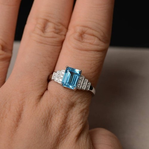 Handmade 925 Sterling Silver Engagement Ring Natural Emerald Cut Baby Blue Topaz - Picture 1 of 4