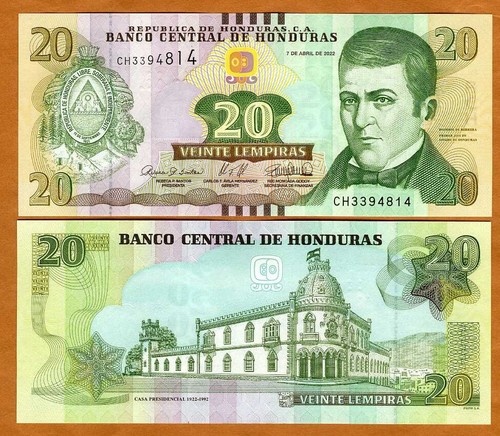 Honduras, 20 lempirów, 2022, P-New, UNC Nowa data i podpis - Zdjęcie 1 z 1