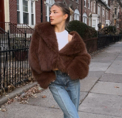 Zara Short Faux Fur Coat Jacket Brown Size XS S L Extra