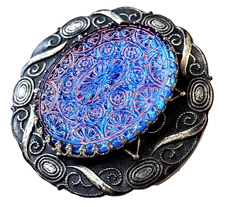 Antique Vtg Coat Button Fancy Prong-Set Blue Glass Center XL Casein Bakelite Era