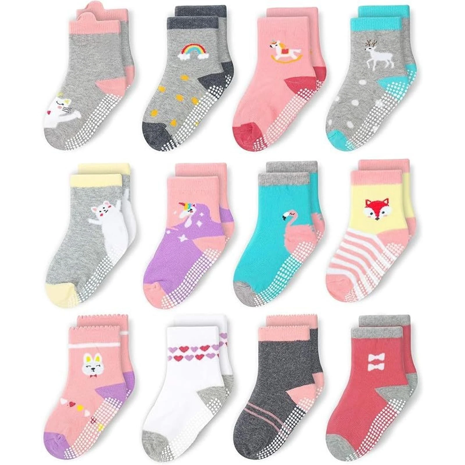 CozyWay Toddler Socks with Grippers - Soft 3-5T, Pink / Purple Multicolor