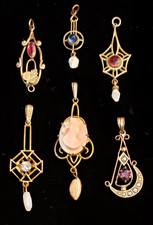 Lot of 6 Antique Victorian Deco Carved Angel Skin Coral Cameo & Pearl Lavaliers