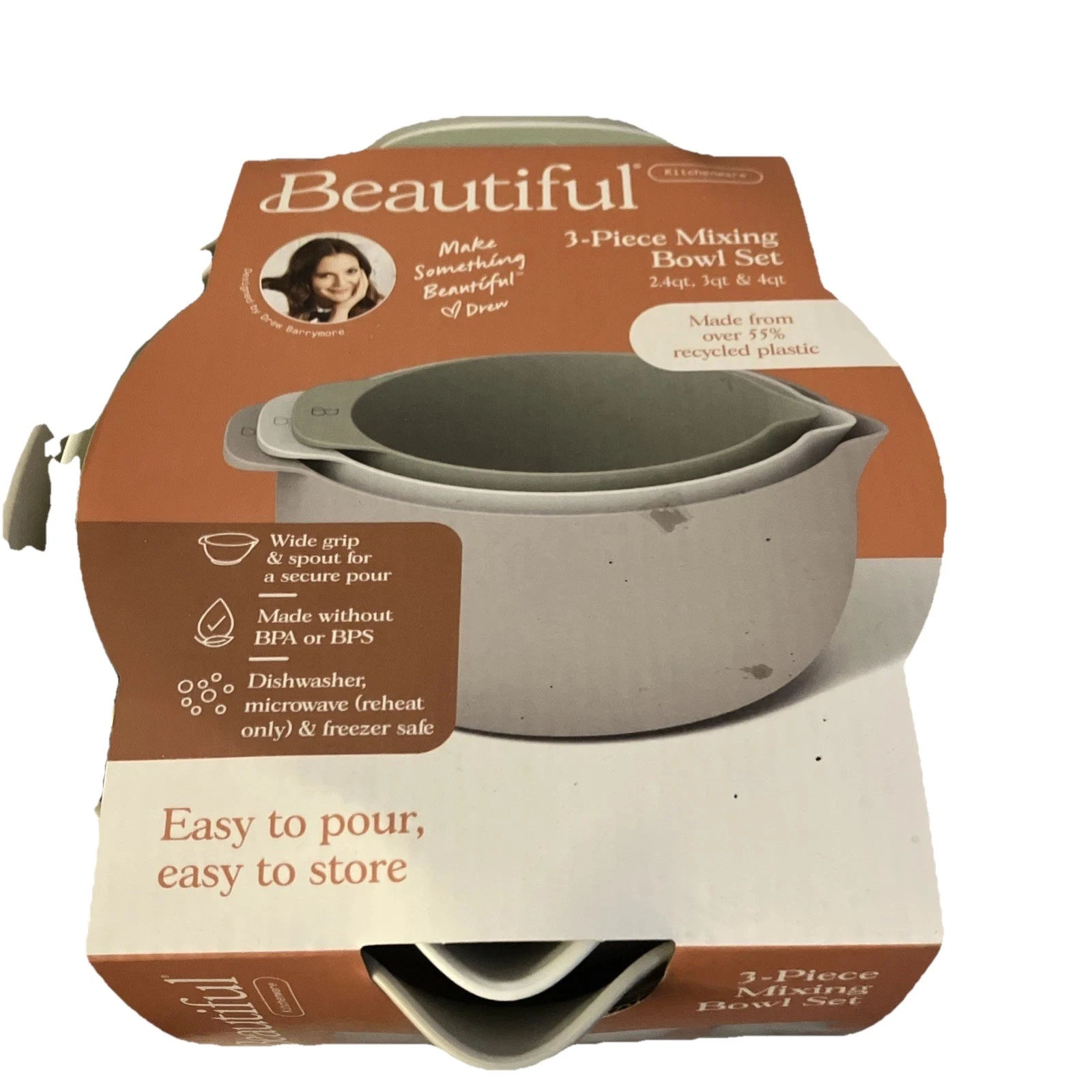 Beautiful 3-Piece Mixing Bowl Set, Assorted Colors, by Drew Barrymore