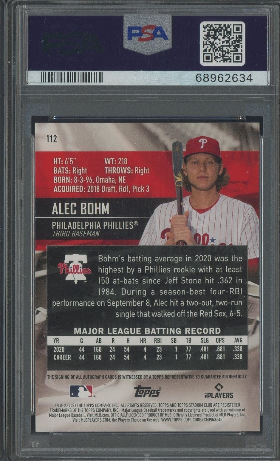 2021 Stadium Club Design Variation AUTO #112 Alec Bohm RC Phillis /25 PSA 10 view 2