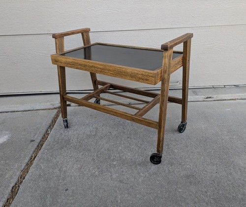 Vintage Mid Century Modern Atomic Oak Rolling Bar Serving 2-Tier Cart F83