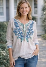 BIYA Johnny Was Tan Blue Turquoise Embroidered Peasant Top Size Medium