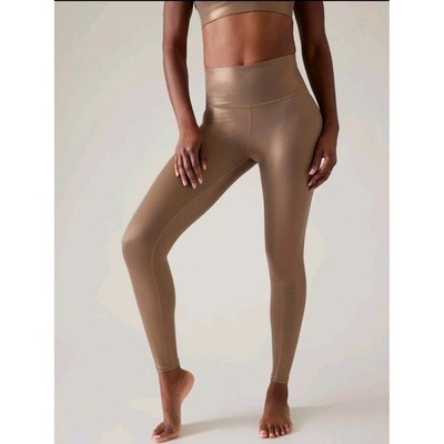 New Athleta Elation Shine Tight Leggings Large Gold Metallic Ultra High Rise