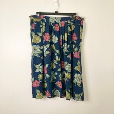Alfred Dunner Vintage 100 Silk Floral Midi Skirt Navy Blue Pink Yellow 18 90s