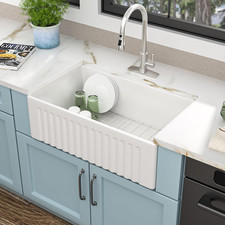 33"X18" White Farmhouse Kitchen Sink Reversible Apron Front Fireclay Single Bo