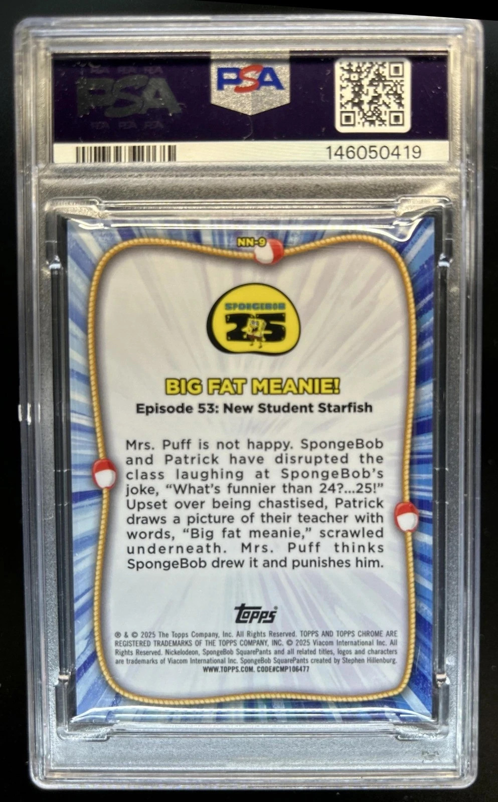 2025 Topps Chrome SpongeBob Sapphire Big Fat Meanie! Nautical Red #/5 PSA 9 view 2