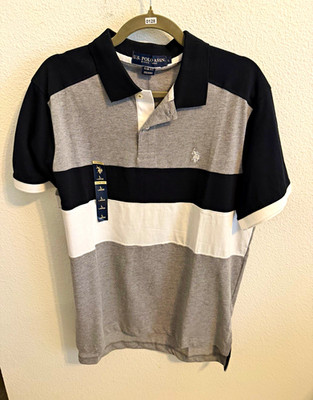 U.S. Polo Assn. Men's L Slim Gray/Black/White Striped Polo Logo Button